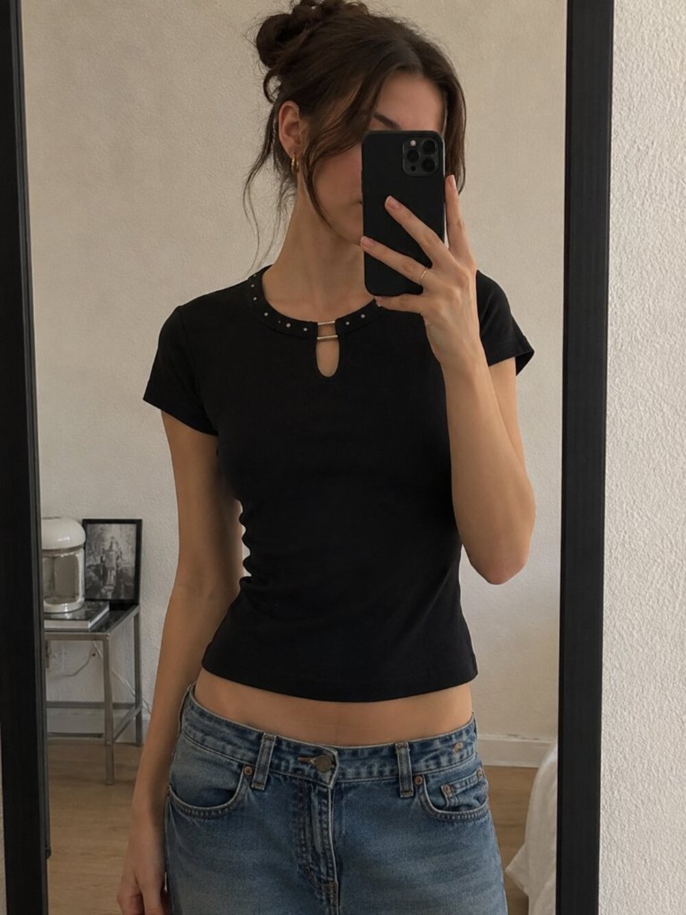 Vintage Y2K Conrad C Black Studded Keyhole Top Size S Small (c. 2000s)